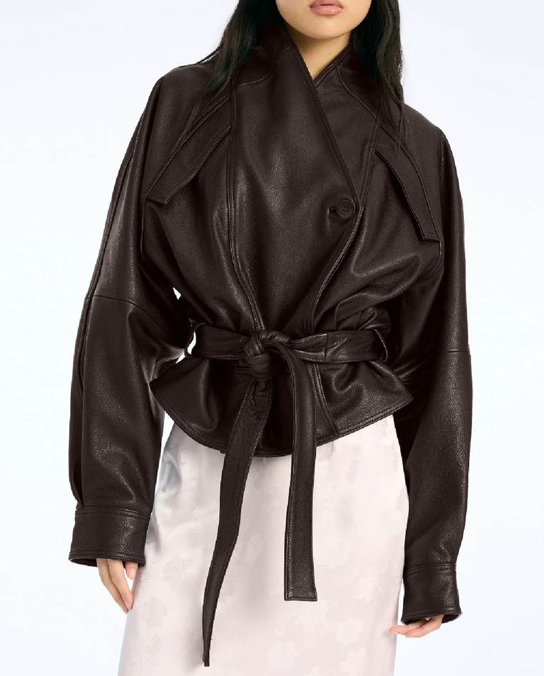 Ciemnobrązowa skórzana kurtka bomber - Image #4