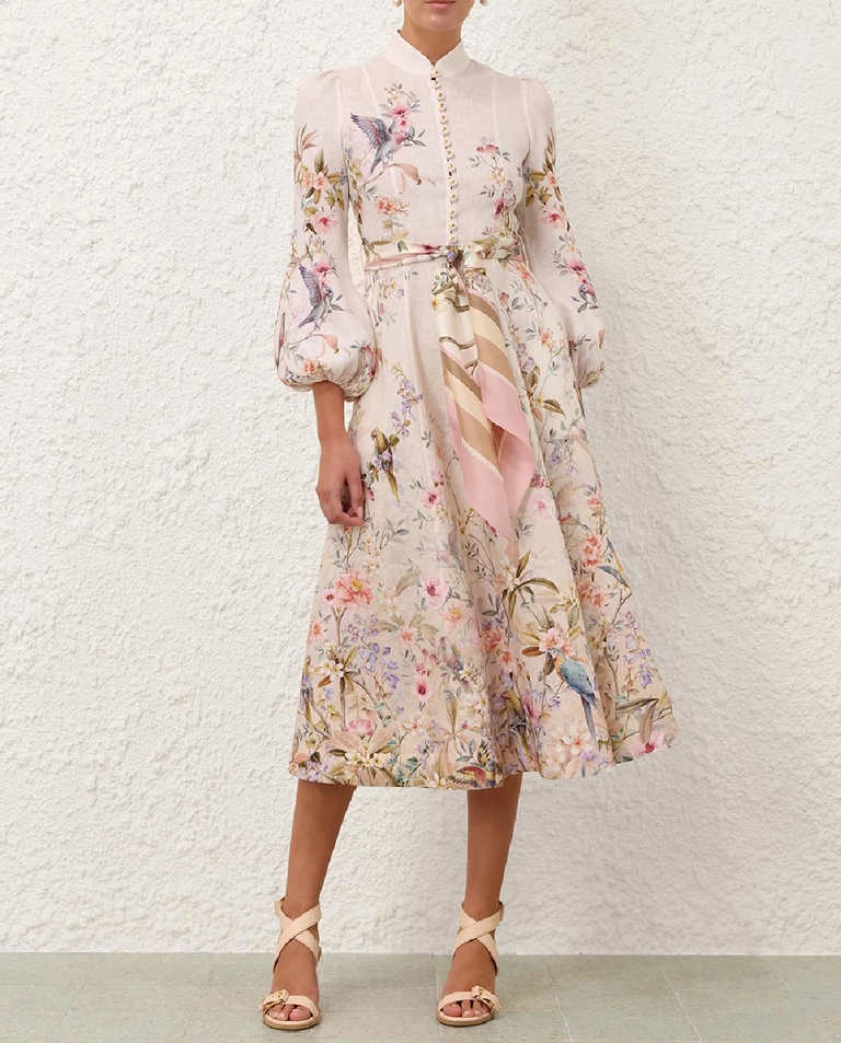 Kremowa lniana sukienka w kwiatowy wzór