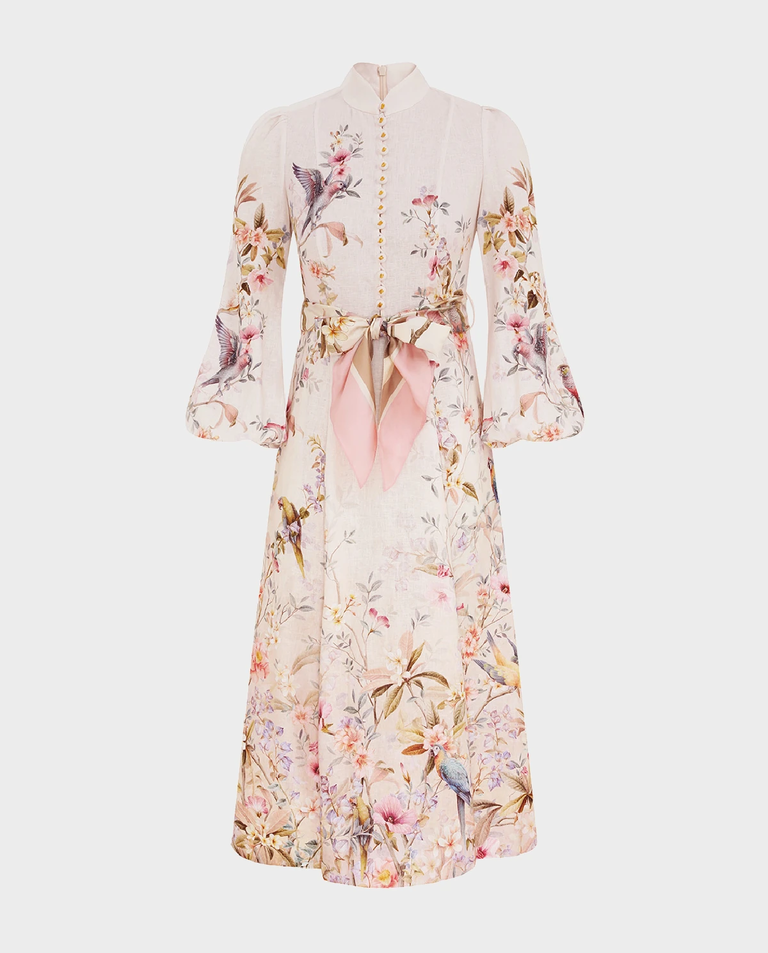 Kremowa lniana sukienka w kwiatowy wzór