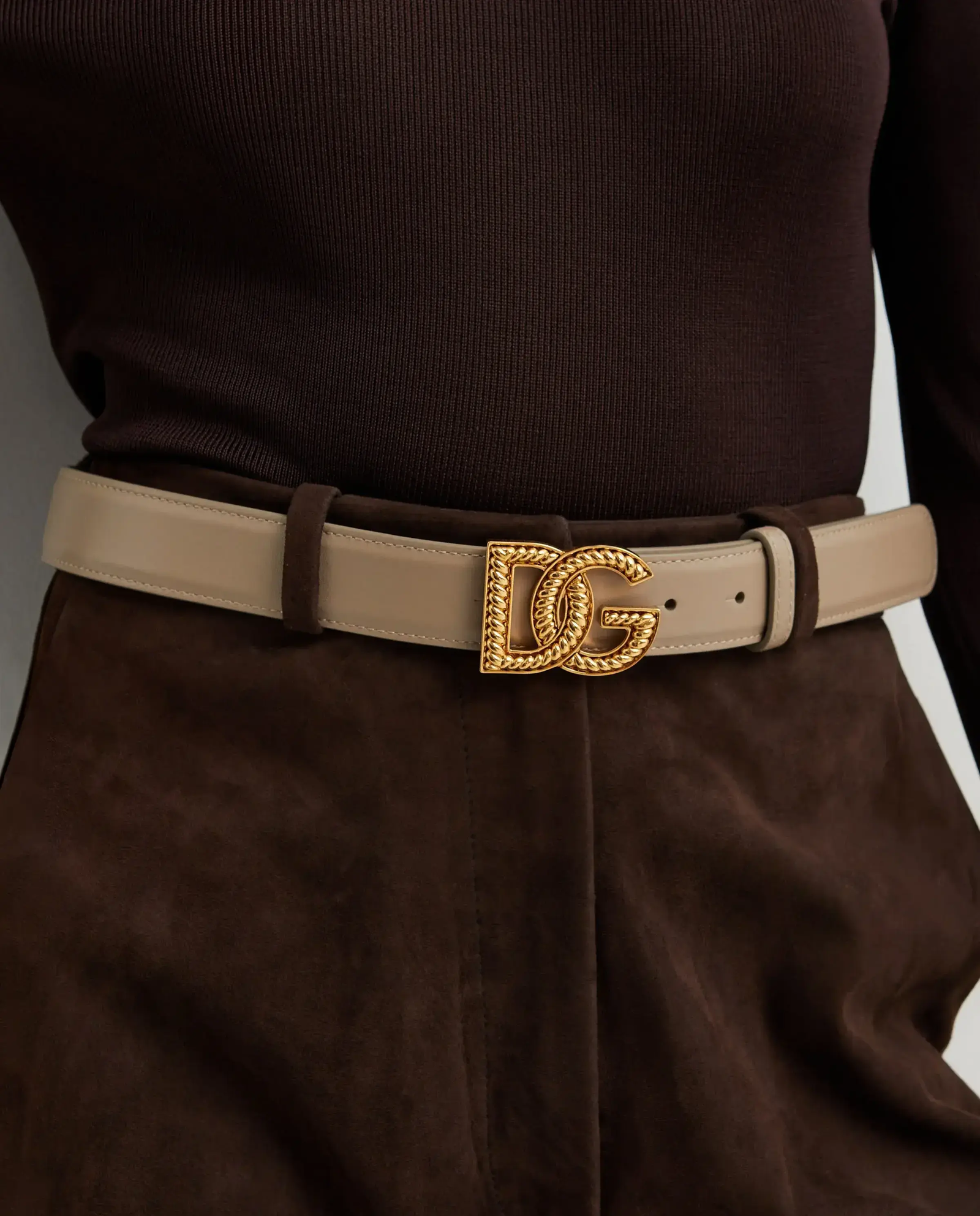 Beżowy skórzany pasek z logo - Image #1