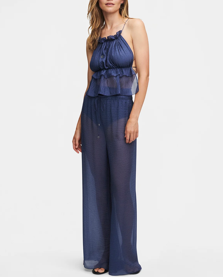 Jedwabne granatowe spodnie o luźnym kroju