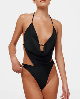Czarny strój kąpielowy z ozdobnym dekoltem - Image #0