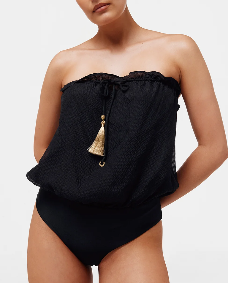 Czarny strój kąpielowy z jedwabną górą