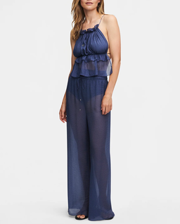 Jedwabny granatowy top z falbanką - Image #1