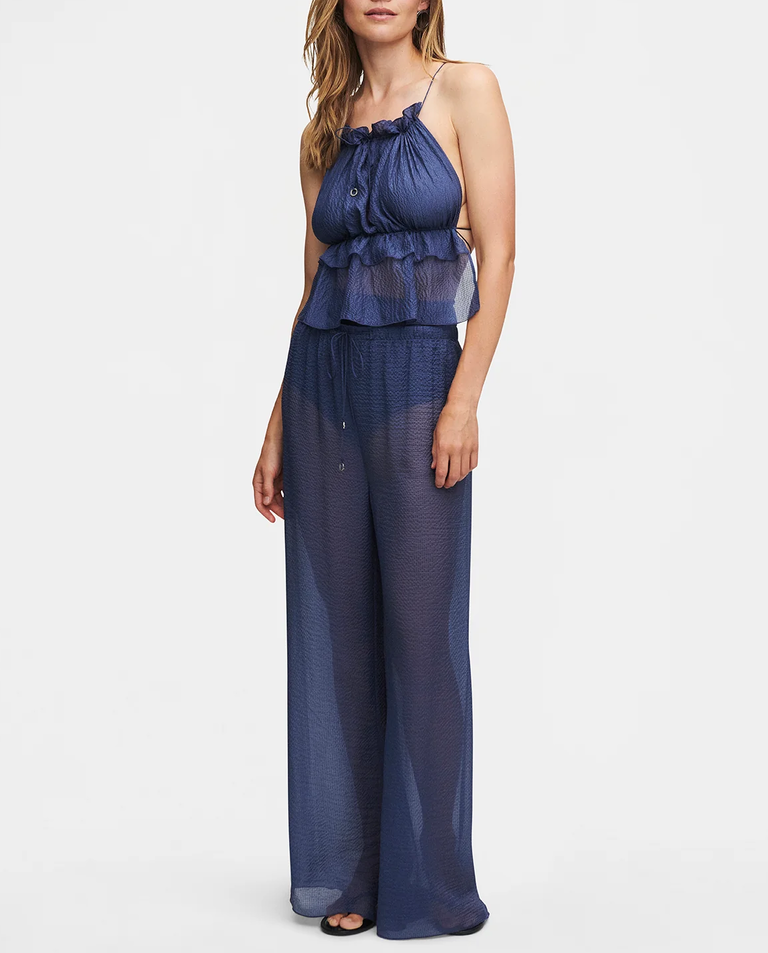 Jedwabny granatowy top z falbanką