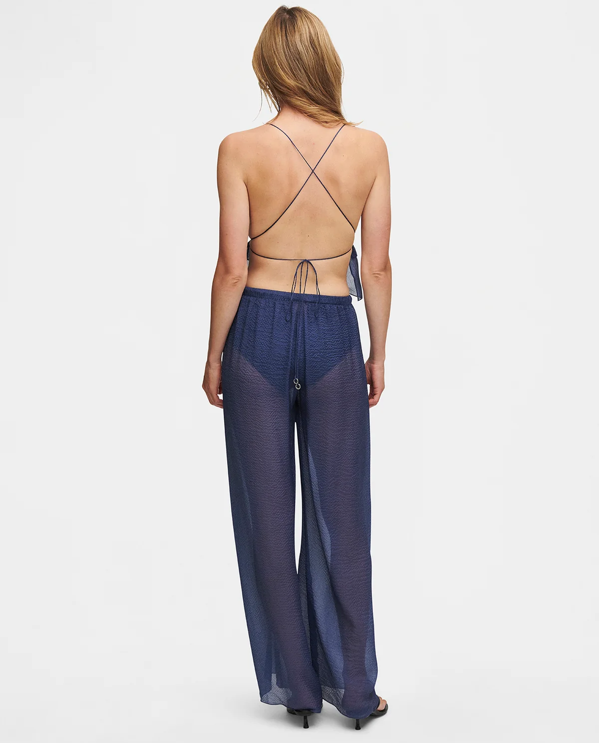 Jedwabny granatowy top z falbanką - Image #2