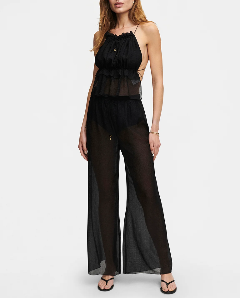 Czarny jedwabny top z falbanką