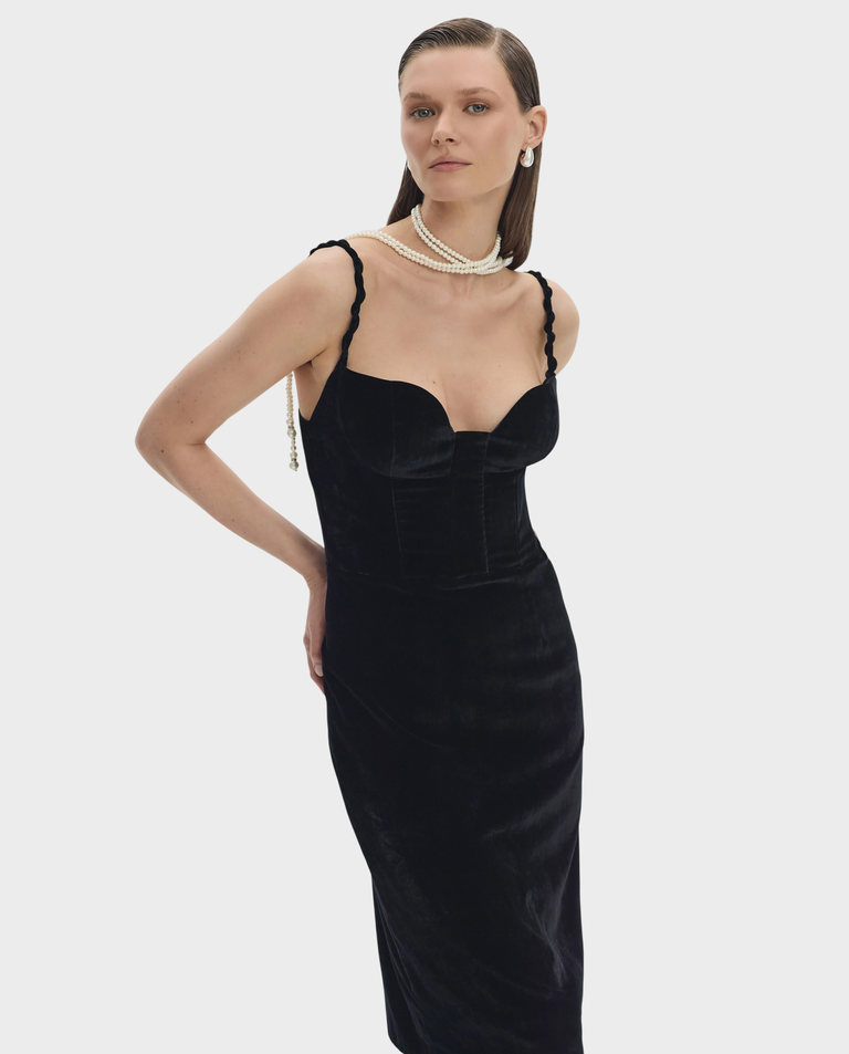 Czarna sukienka gorsetowa midi Gia