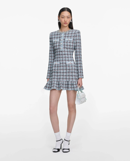 Niebieska dzianinowa sukienka mini w kratkę - Image #0