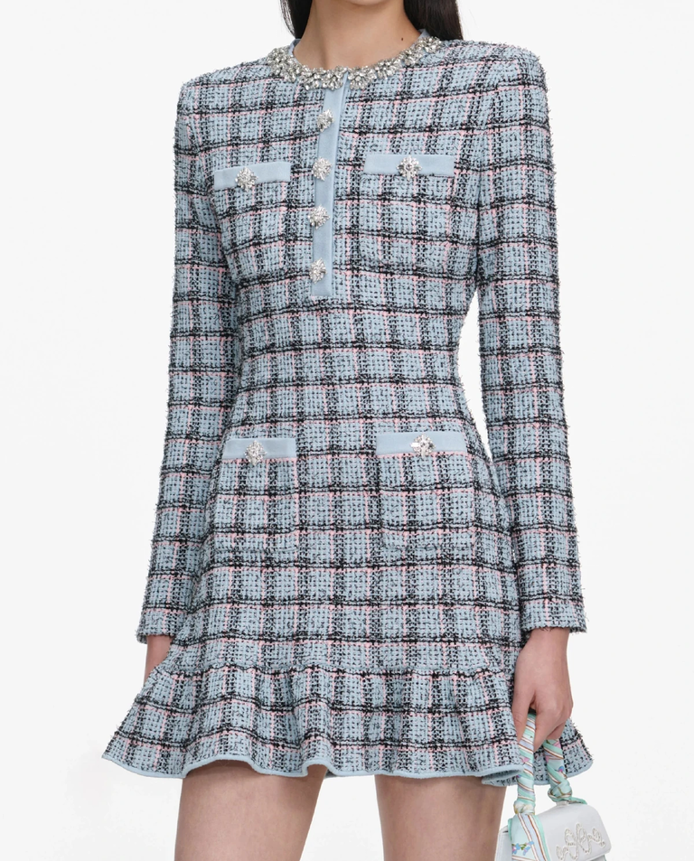 Niebieska dzianinowa sukienka mini w kratkę - Image #3