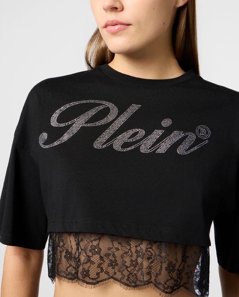 Czarny crop top z koronką - Image #4