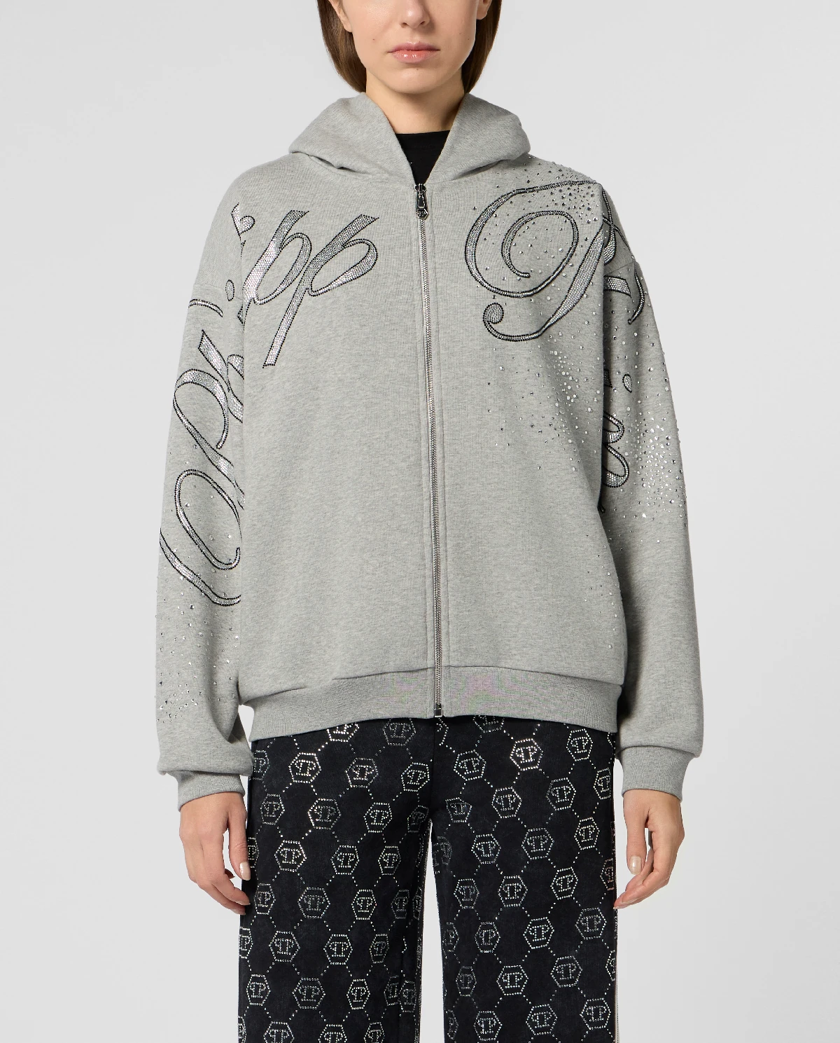 Szara bluza z kapturem Spray Strass - Image #0