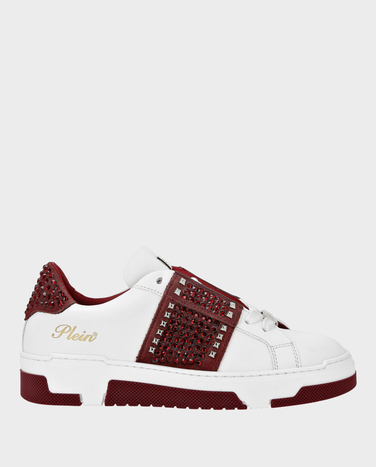 Białe sneakersy z bordowymi kryształkami Strass