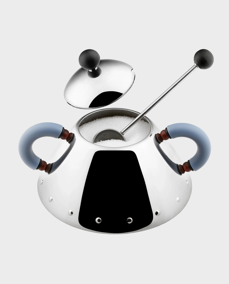 Cukiernica z łyżeczką i niebieskimi uchwytami