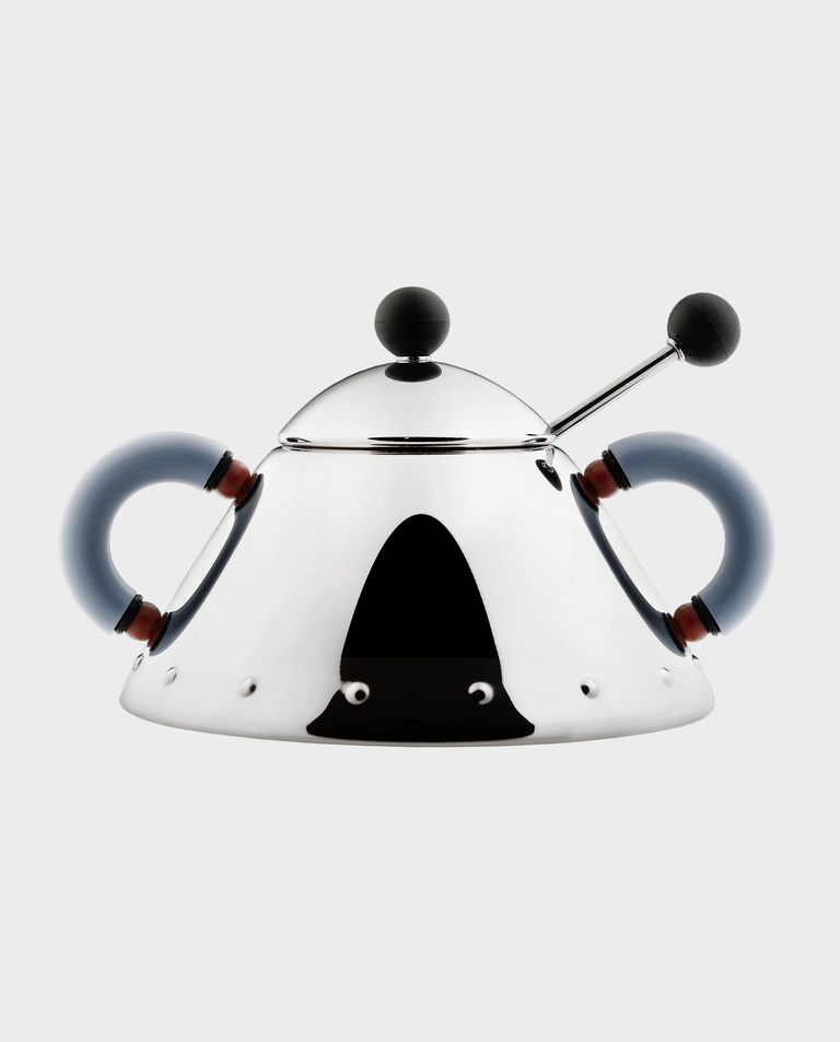 Cukiernica z łyżeczką i niebieskimi uchwytami