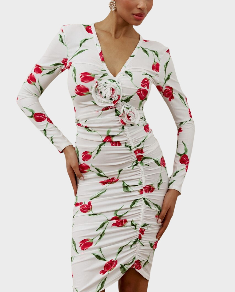 Biała sukienka w róże Amina