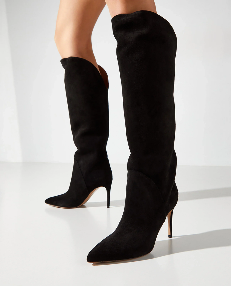 Zamszowe kozaki na szpilce Gaia 85