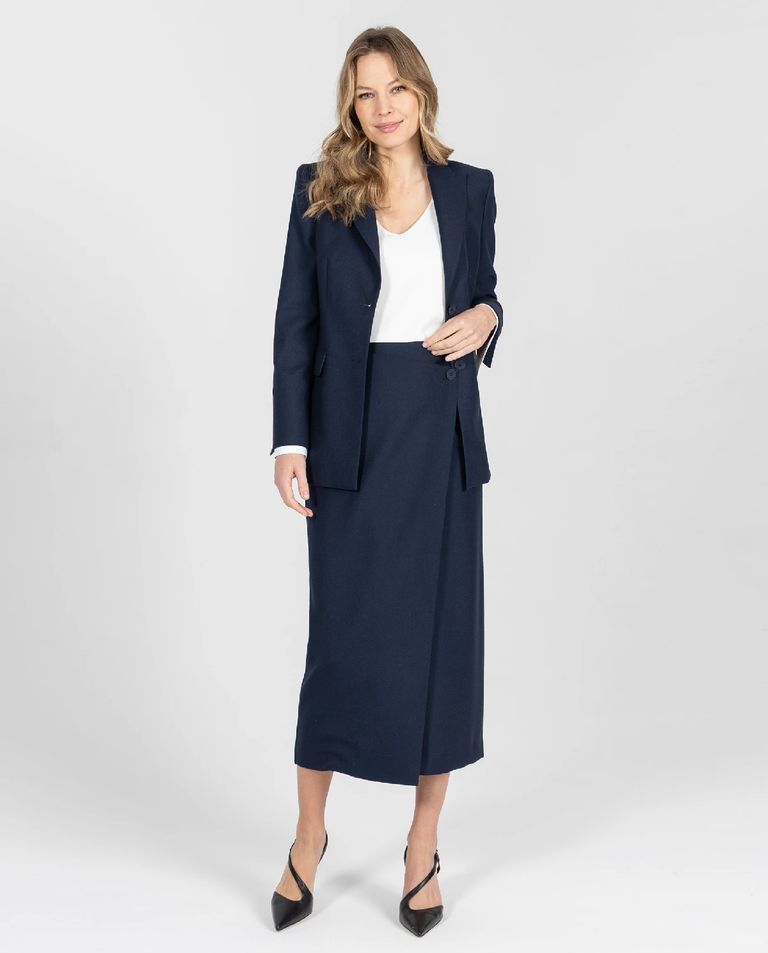 Granatowa kopertowa spódnica