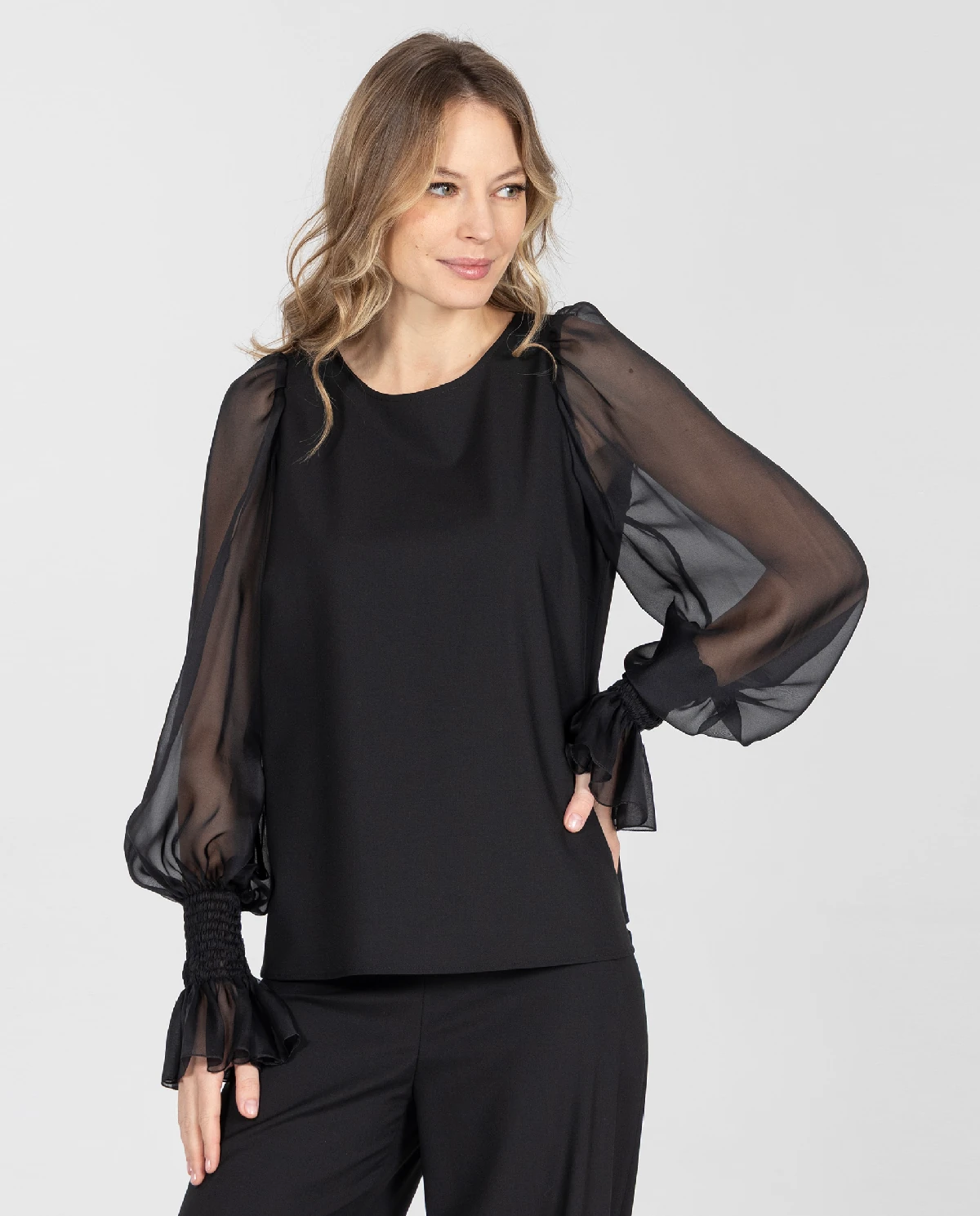 Czarna bluzka z szyfonowymi rękawami - Image #2