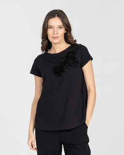 Czarny t-shirt z naszywanymi kwiatami - Image #0