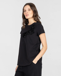 Czarny t-shirt z naszywanymi kwiatami - Image #2