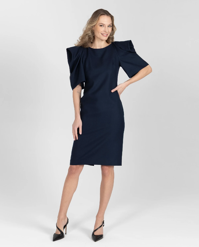 Granatowa wełniana sukienka midi