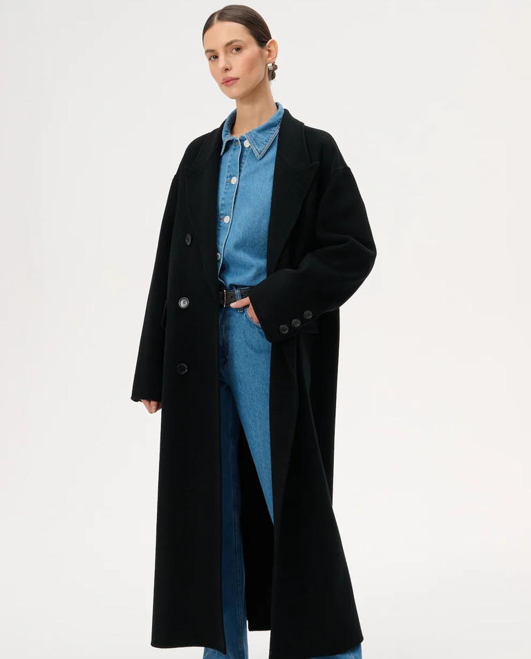 Długi dwurzędowy płaszcz z wełny Joel