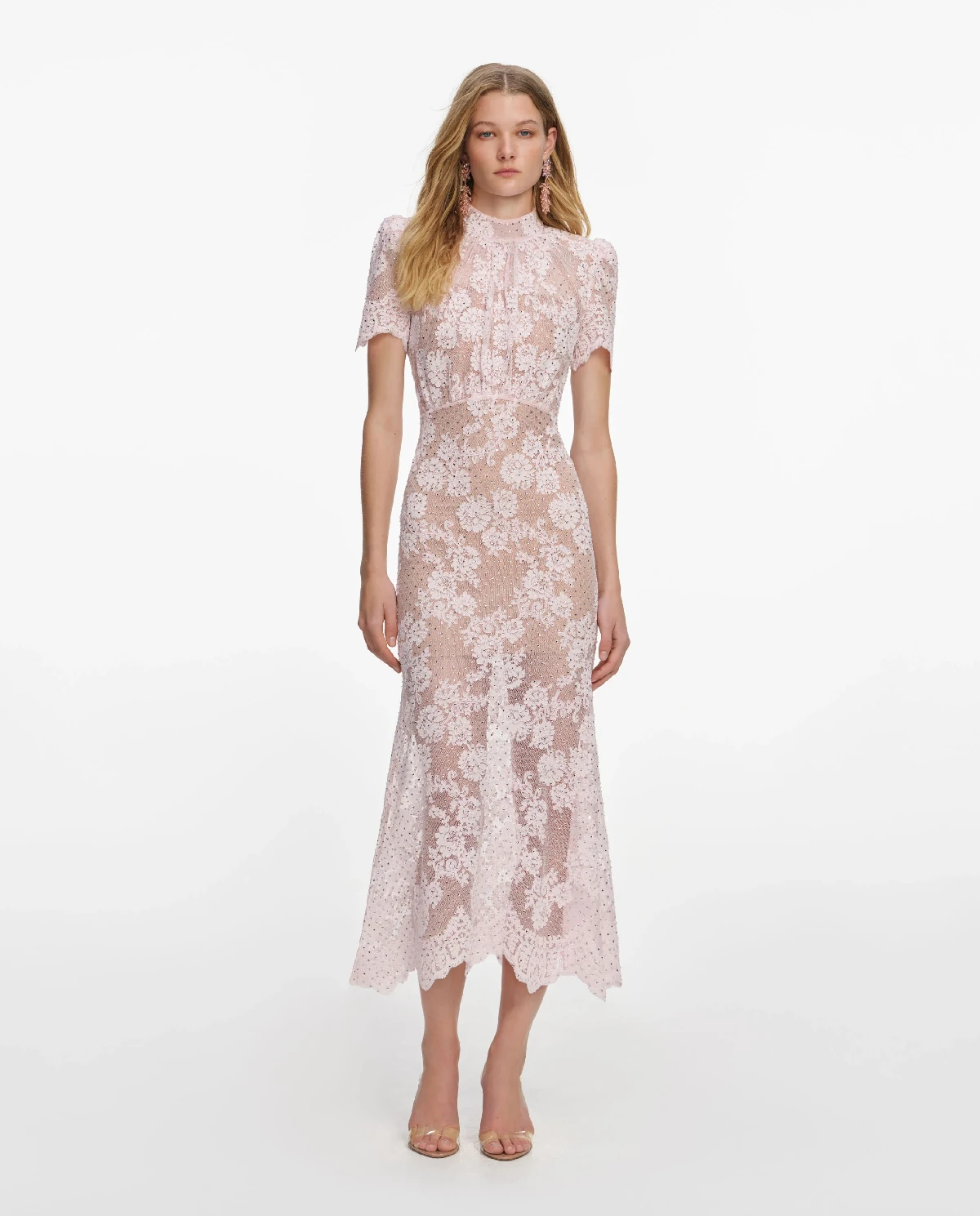 Różowa koronkowa sukienka midi z kryształkami - Image #0