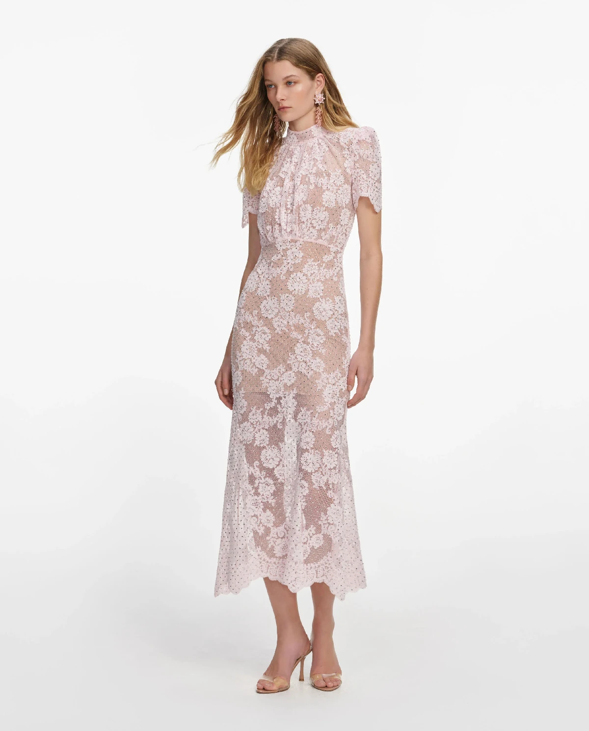 Różowa koronkowa sukienka midi z kryształkami - Image #1