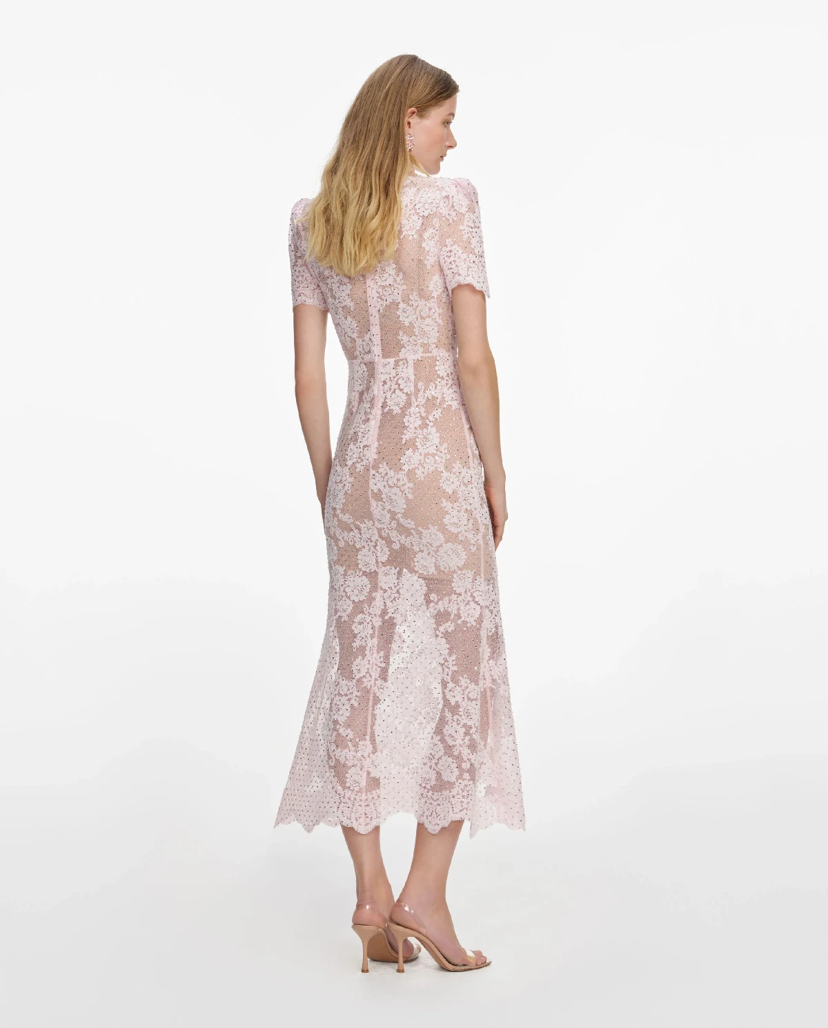 Różowa koronkowa sukienka midi z kryształkami - Image #2