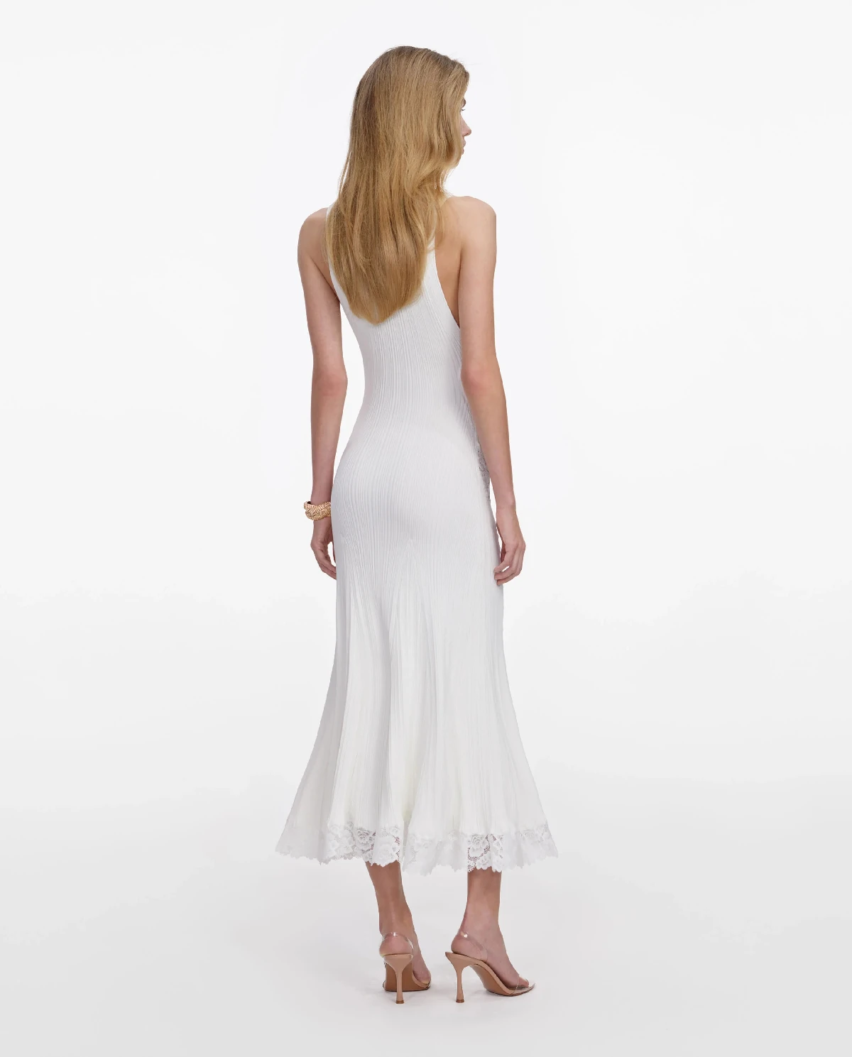 Biała dzianinowa sukienka midi z koronką - Image #2