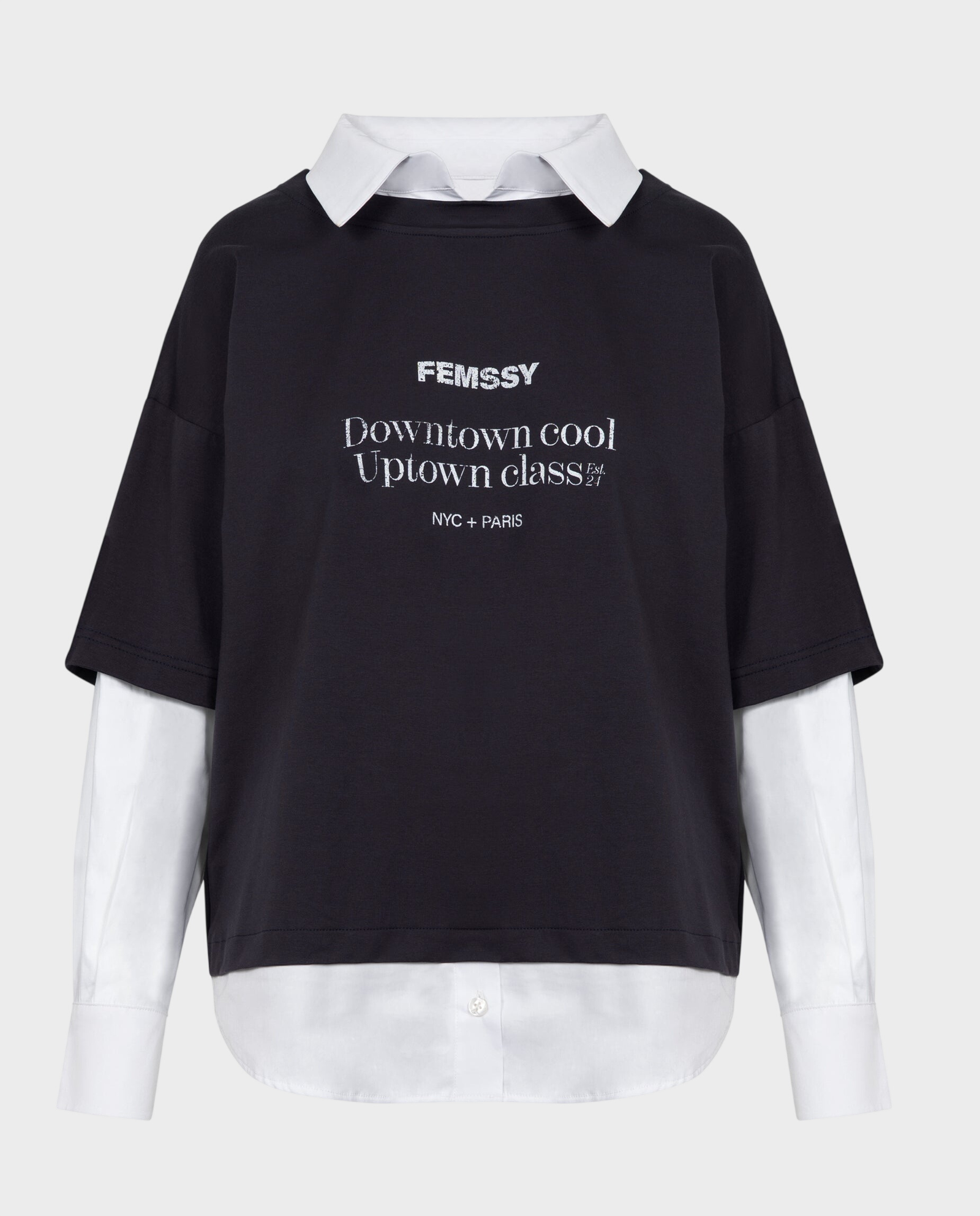 Szary t-shirt z wystającą koszulą - Image #0