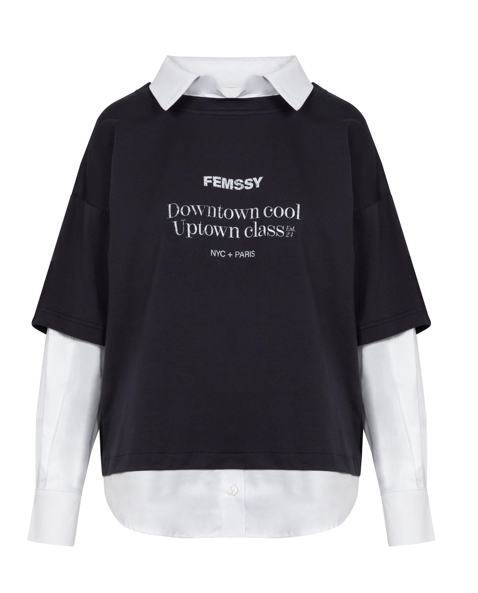 Szary t-shirt z wystającą koszulą - Image #2