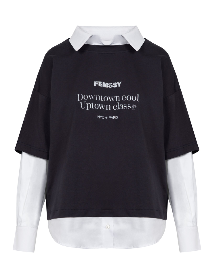 Szary t-shirt z wystającą koszulą - Image #2