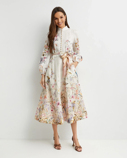 Kremowa lniana sukienka w kwiatowy wzór - Image #2