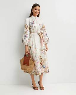 Kremowa lniana sukienka w kwiatowy wzór - Image #0