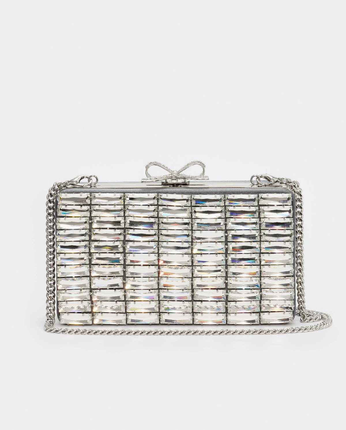 Szara satynowa kopertówka z kryształkami - Image #4