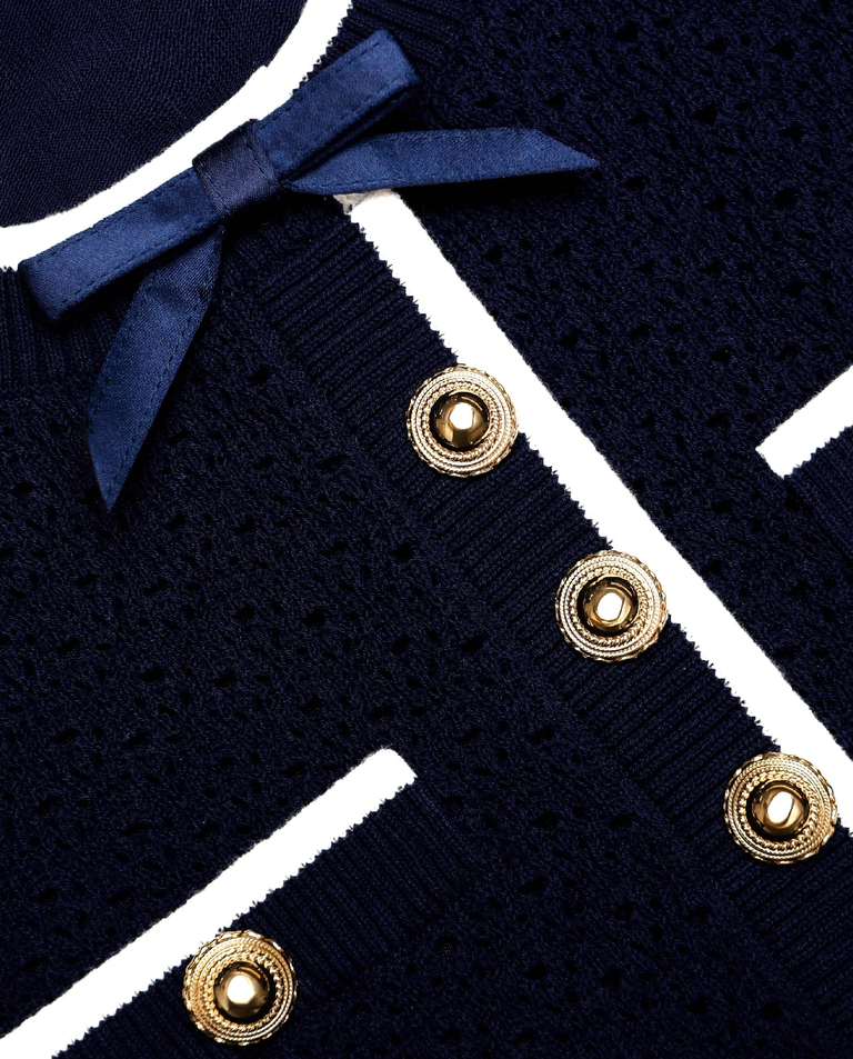 Granatowa dzianinowa sukienka mini z kokardą - Image #4