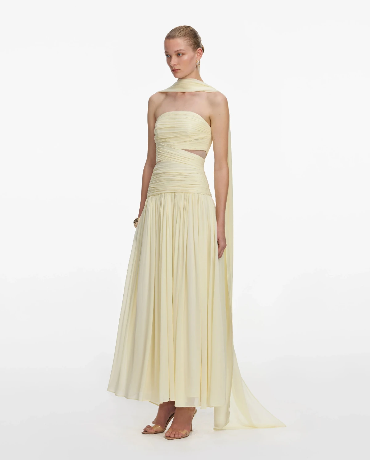 Jasnożółta sukienka midi z szalem - Image #1