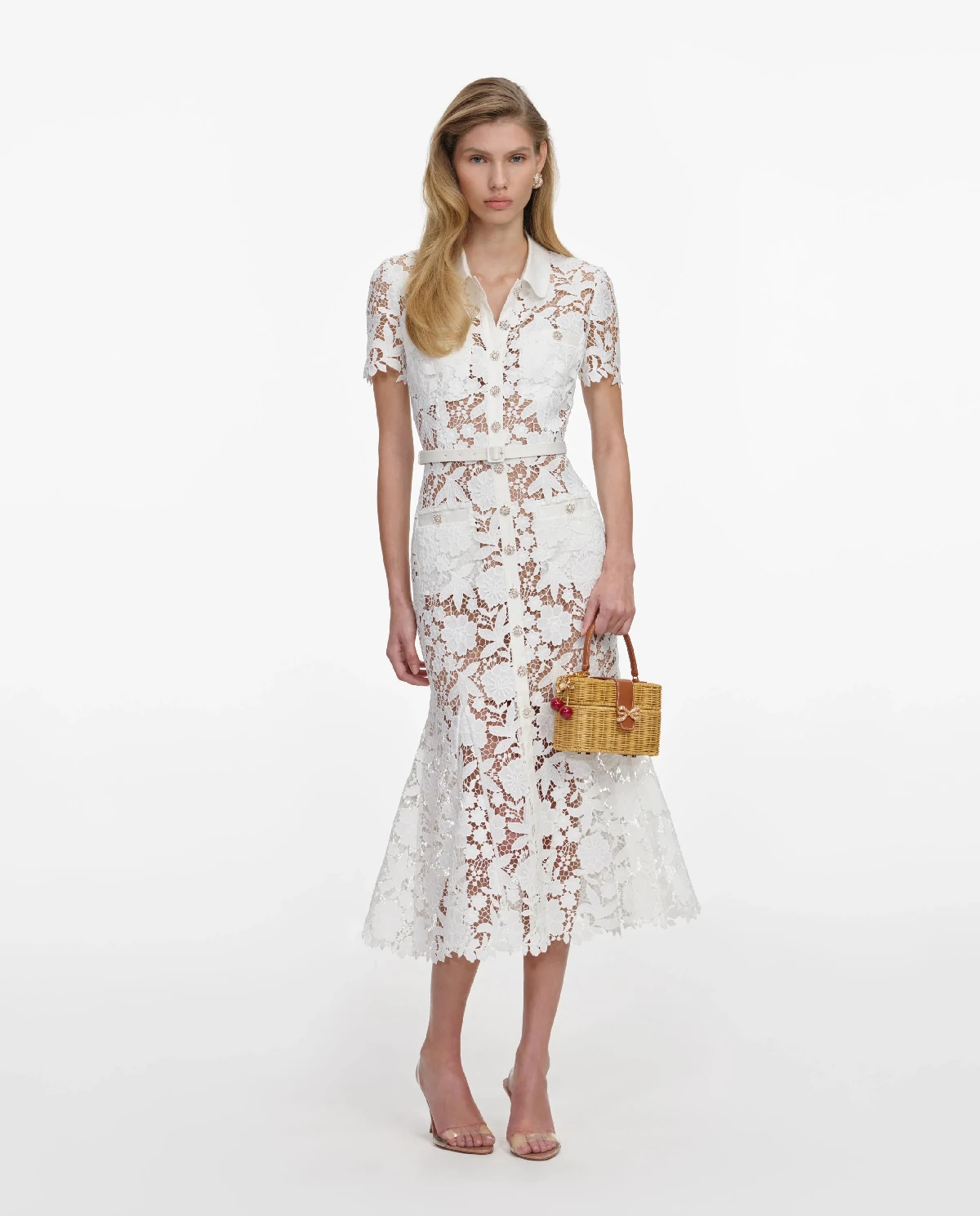 Biała koronkowa sukienka midi z kołnierzykiem - Image #0