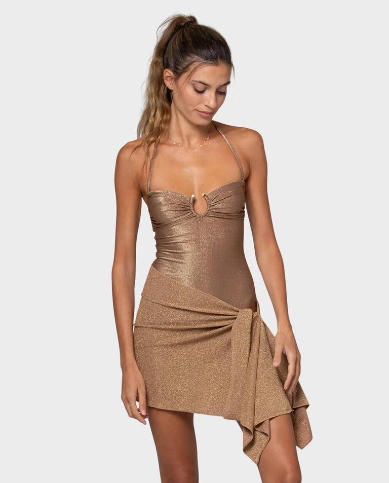 Krótkie złote pareo z błyszczącej tkaniny