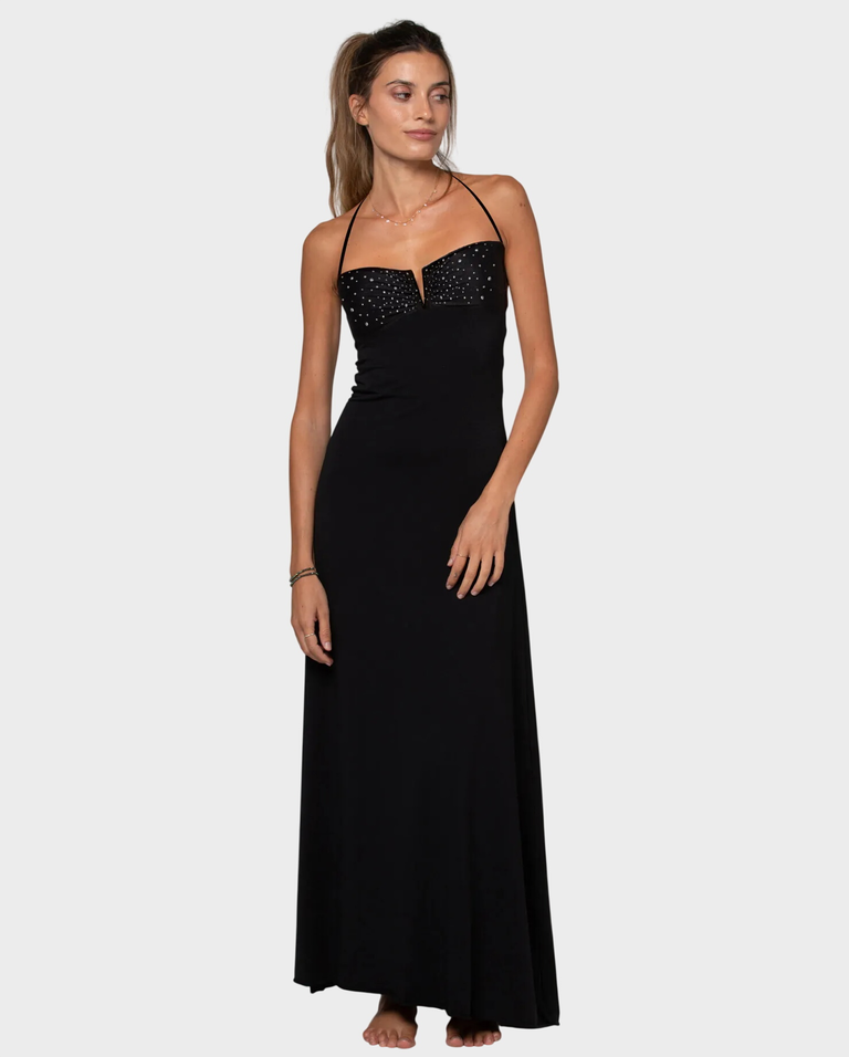 Czarna sukienka z ozdobnym dekoltem Laora