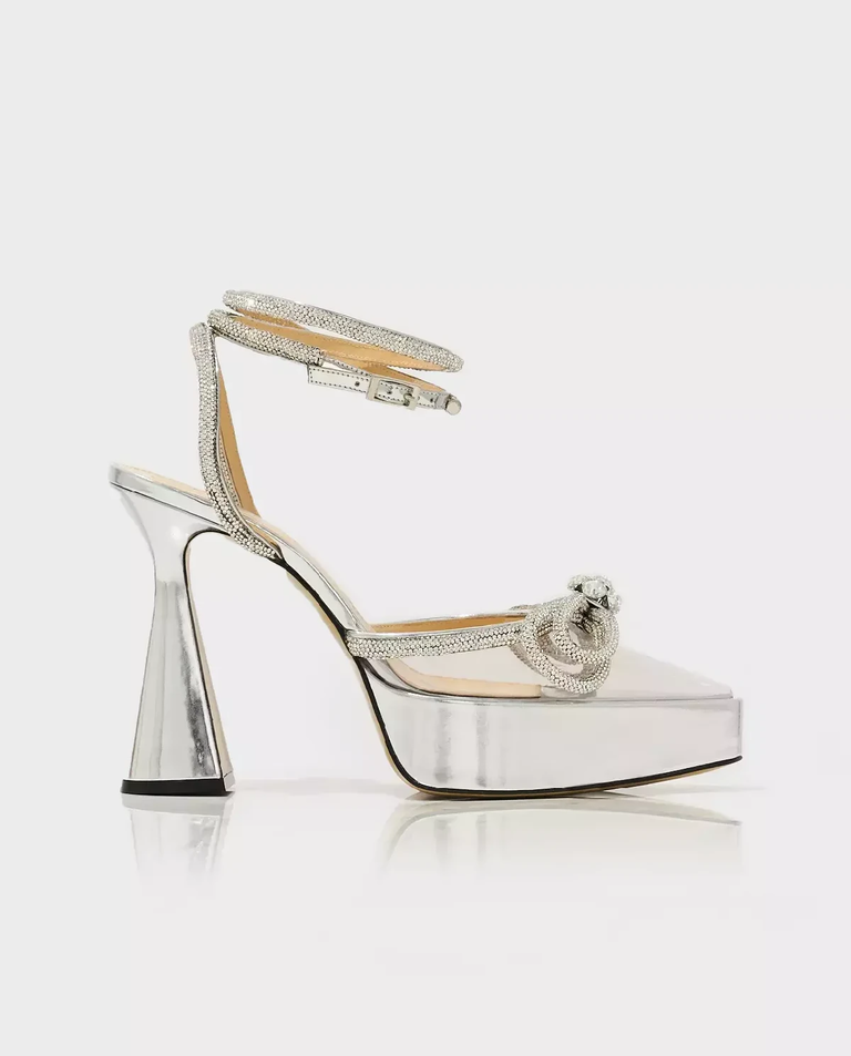 Srebrne szpilki na platformie Double Bow