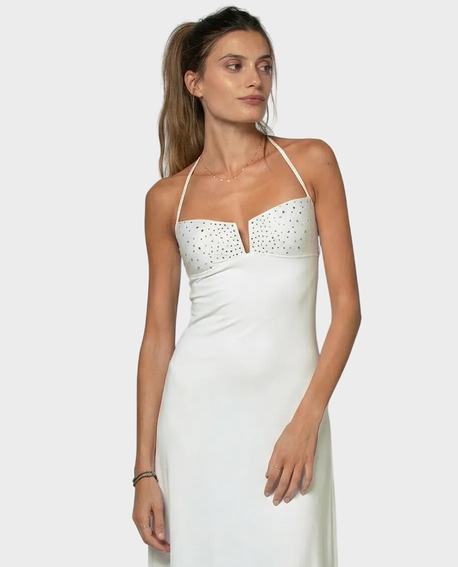 Biała sukienka z ozdobnym dekoltem Laora - Image #1