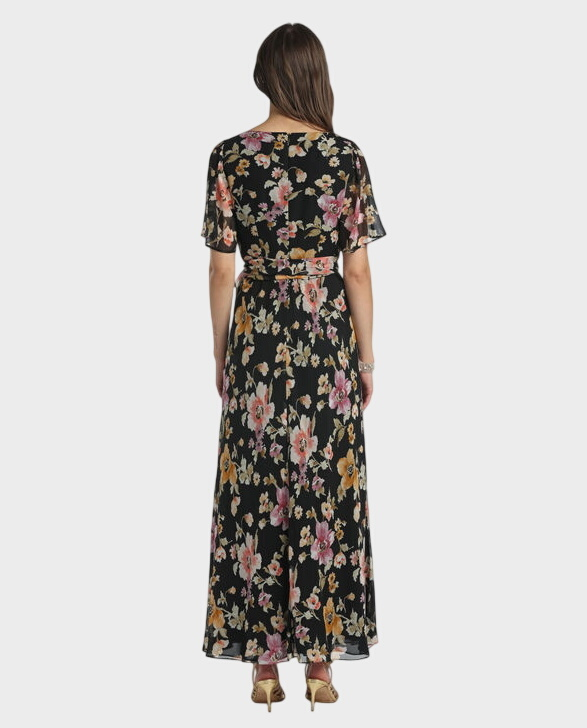 Czarna sukienka w kwiaty Panneggio