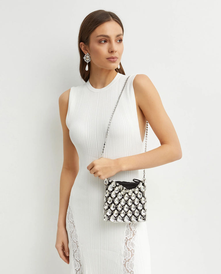 Srebrno-czarna kryształowa mini torebka