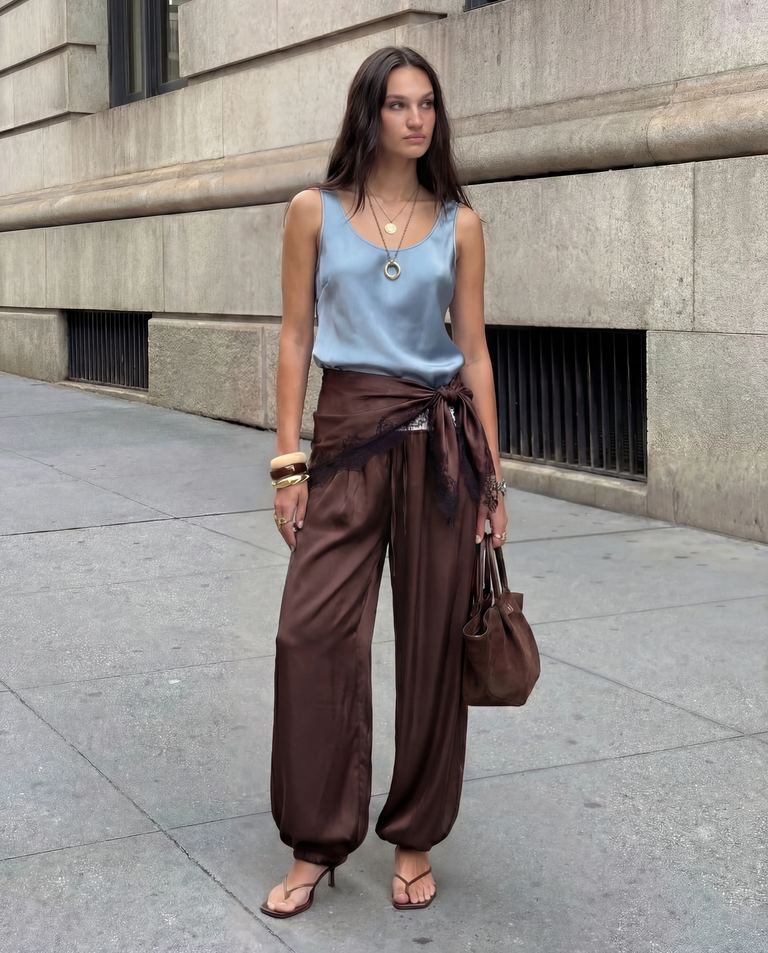 Czekoladowe spodnie z jedwabiu Balloon