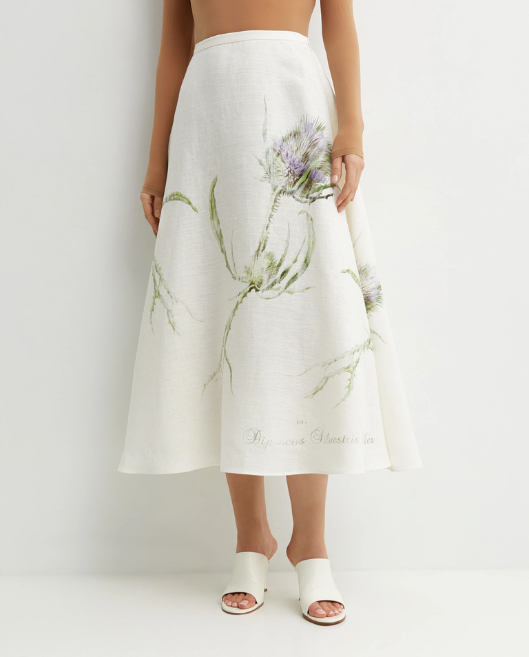 Lniana spódnica midi z kwiatowym wzorem