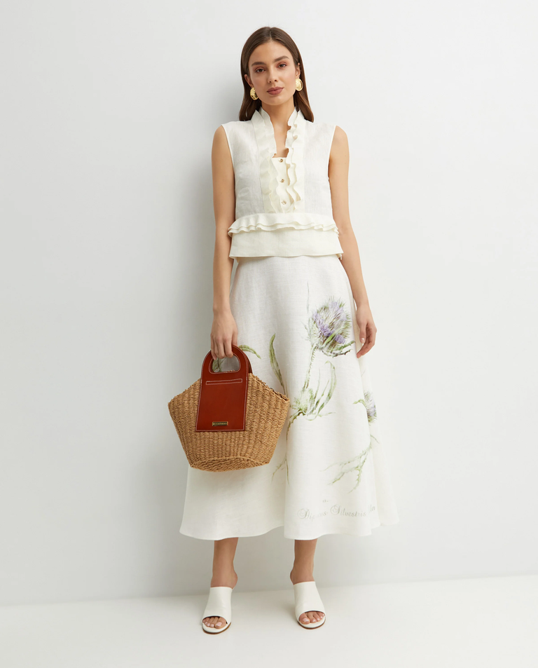 Lniana spódnica midi z kwiatowym wzorem