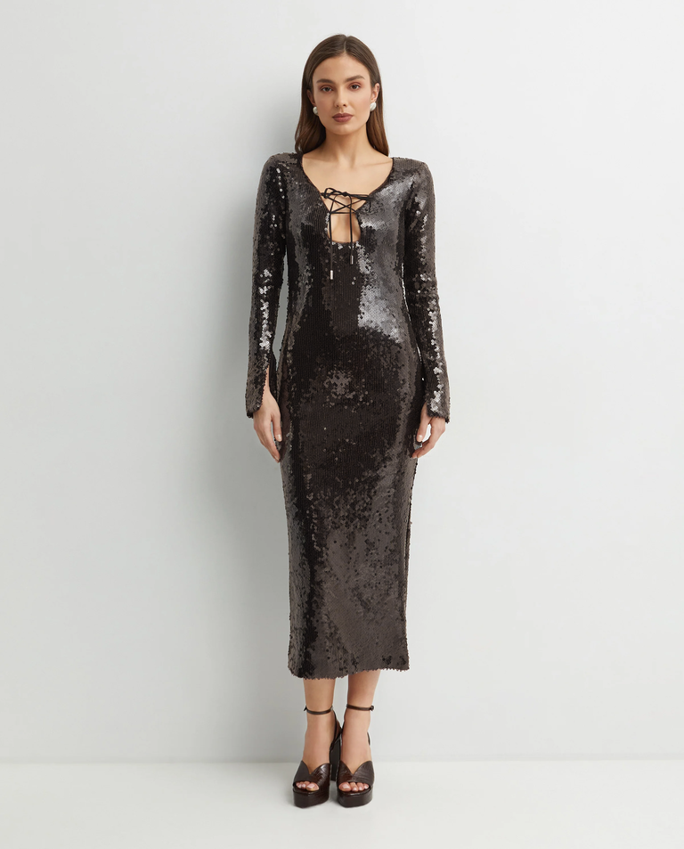 Ciemnobrązowa sukienka z cekinami Solaria - Image #2